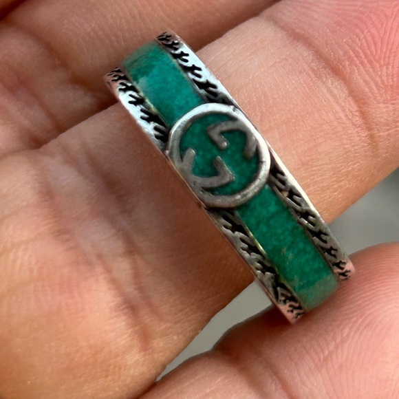 GUCCI Gucci sterling silver Interlocking G
Turquoise Enamel Ring band size 8.75 - Picture 1 of 8